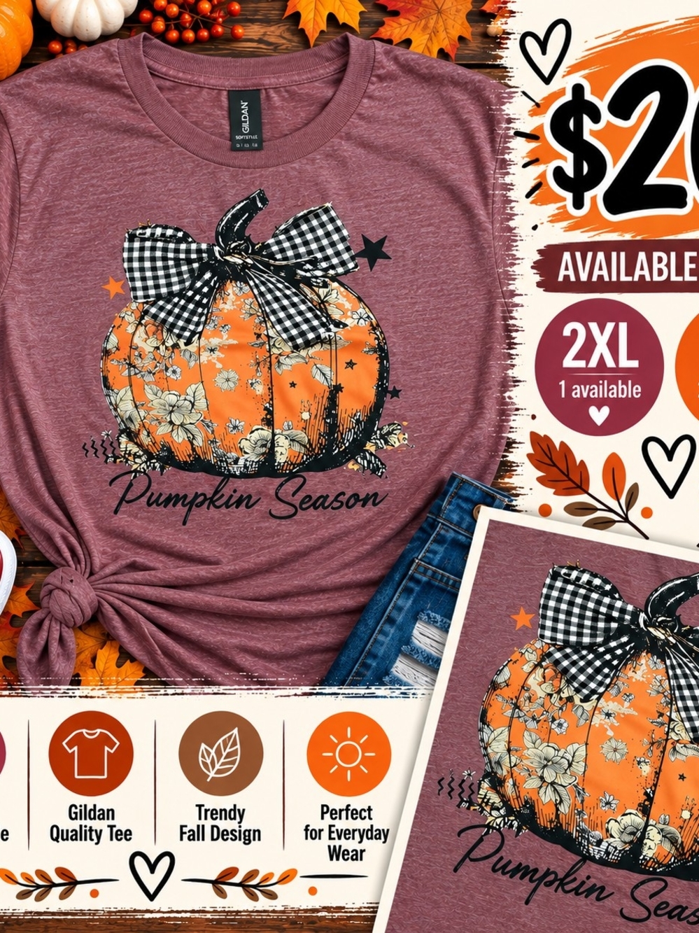 Gildan Burgundy Tee with Orange Floral Pumpkin Graphic